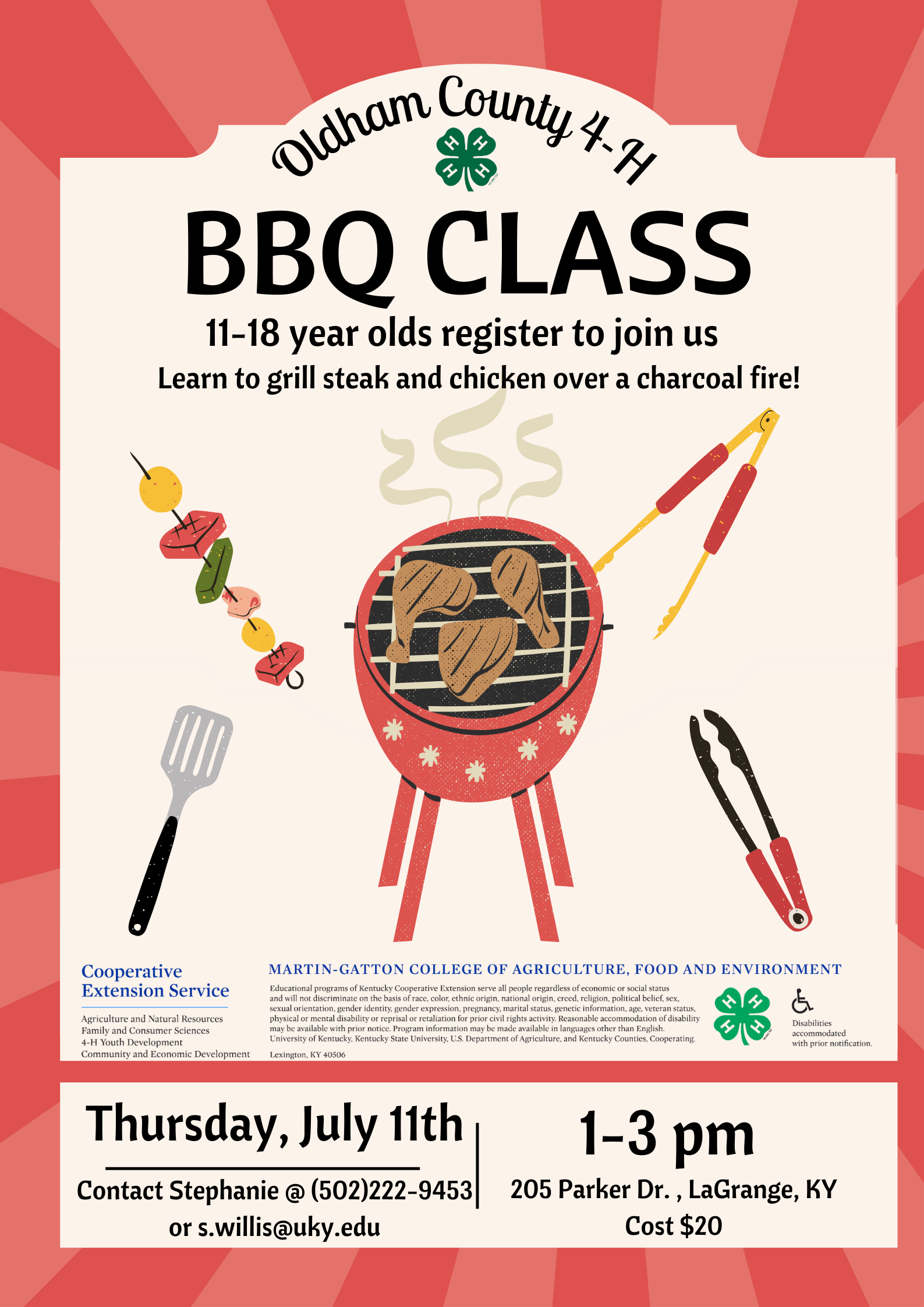 4-H flyer advertising a BBQ class with image of grilling meat