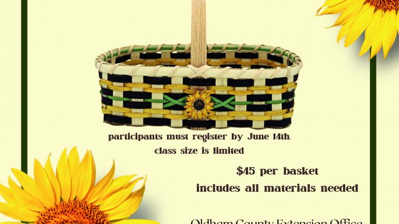 Yellow background with sunflowers.  Basket in the middle of flyer